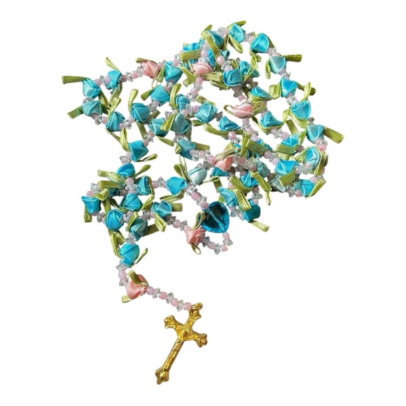 Rosary from Italy! Unique Ribbon Flowers, Crystal 💙 gold cross stamped Italy - Picture 2 of 7